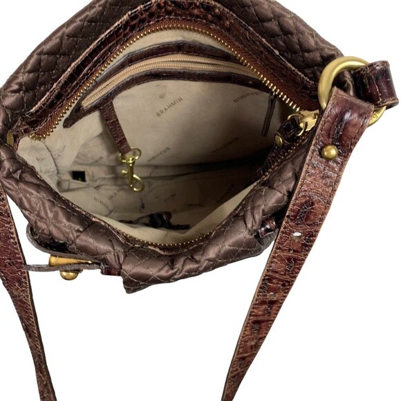Brahmin Crossbody Purse Brown Quilted Faux? Leather Strap Gold Hardware Zip FLAW - Picture 8 of 12